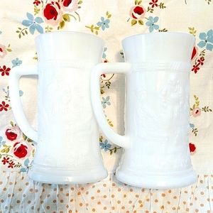Federal Milk-Glass Mugs Set 2 White Stein Cups Pub Scene 6" tall Vtg Lot of 2